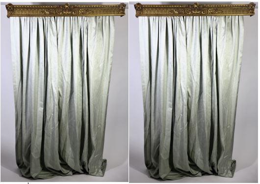 Fine 19th C Cornice w/Silk Drapes: Cornice Size: 48 x 4 1/2 x 4 3/4 in. Curtains are around 8 Ft.