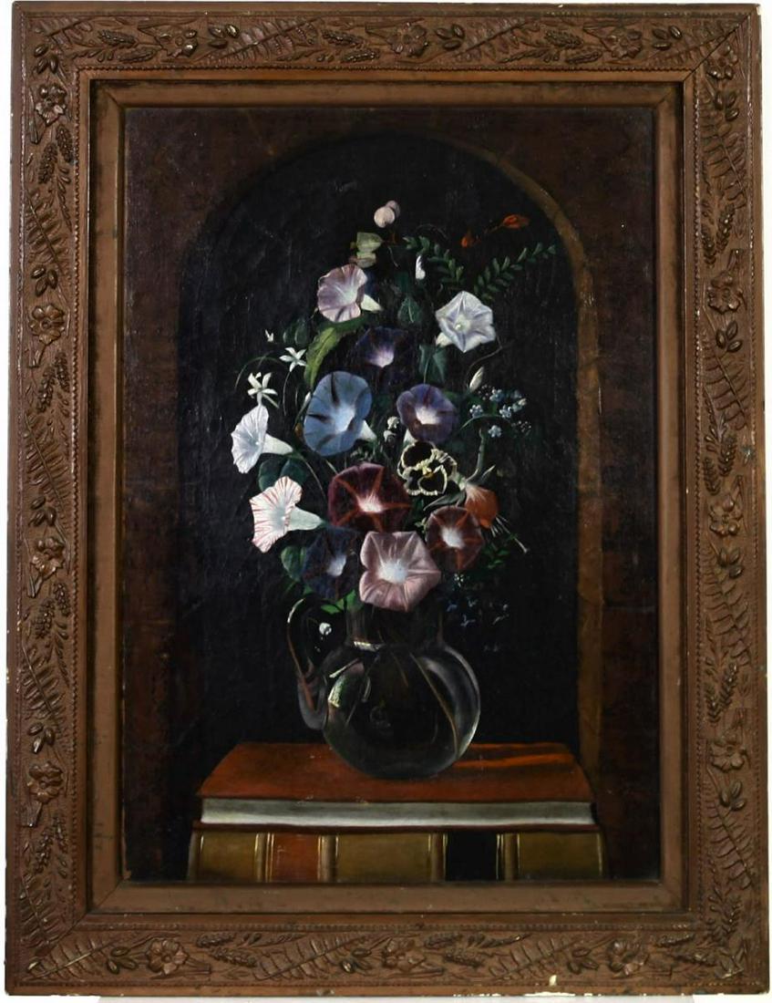 Still Life with Self Portrait, O/C: Oil on Canvas. With artist's reflection at bottom of vase O: 25 x 19 1/4 in. S: 19 3/4 x 13 1/2 in.