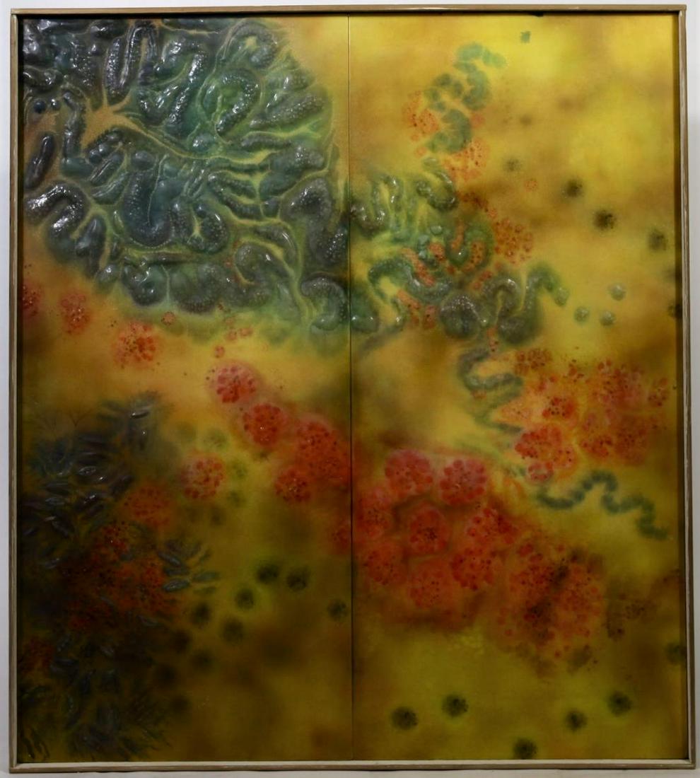 Michelle Mansour, Diptych Mixed Media on Panel: Contemporary artist& curator Mixed Media (acrylic, ink & silicone on muslin) "Share and Share Alike" Signed Verso 2004 S: 40 x 36 in. O: 40 3/4 x 36 1/2 in.