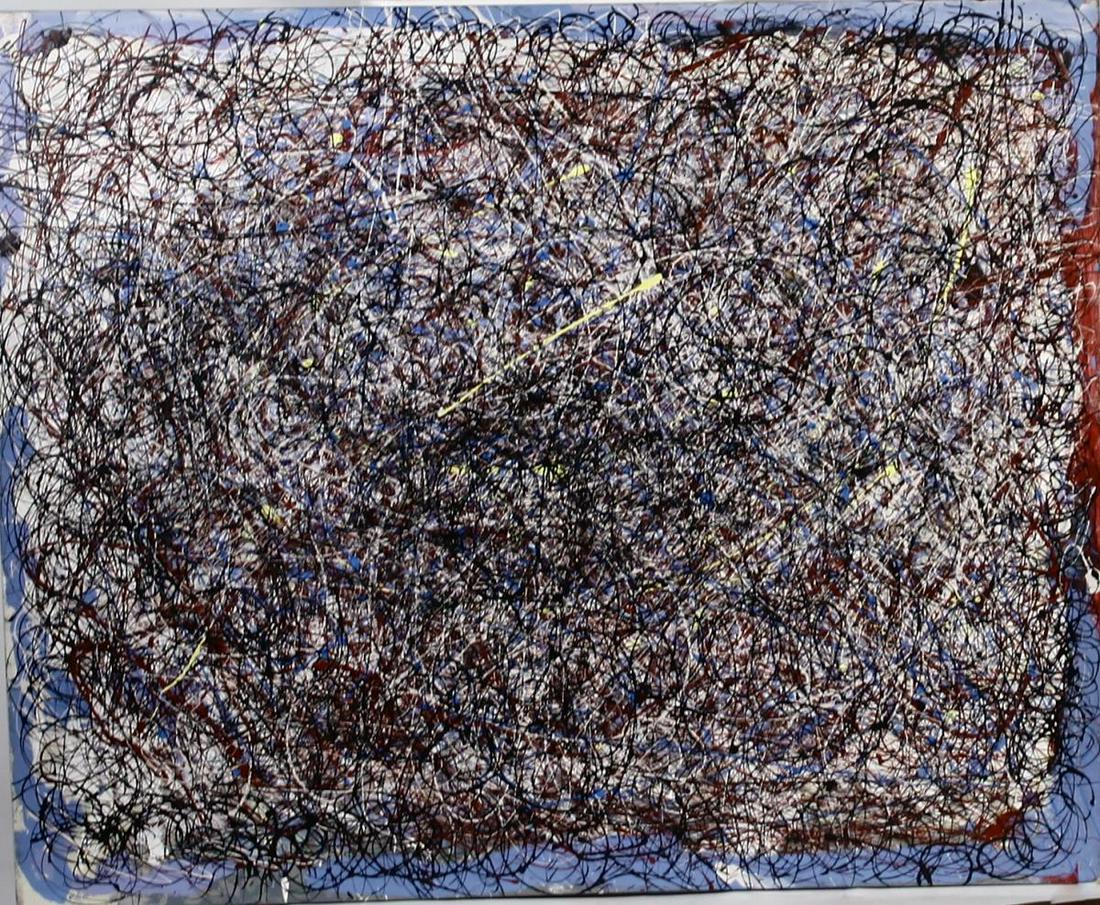 Abstract Expressionist Drip Painting: In the style of Jackson Pollock O: 35 1/2 x 44 in.