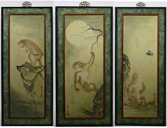 Three (3) Chinese Monkey Panels, Signed: Signed S: 42 x 14 in. O: 49 x 21 in.Each panel bears the same identification: “Year of the Monkey” 猴年 1980 一九八⃝年. Feb 16, 1980 to Feb 4, 1981 wasthe