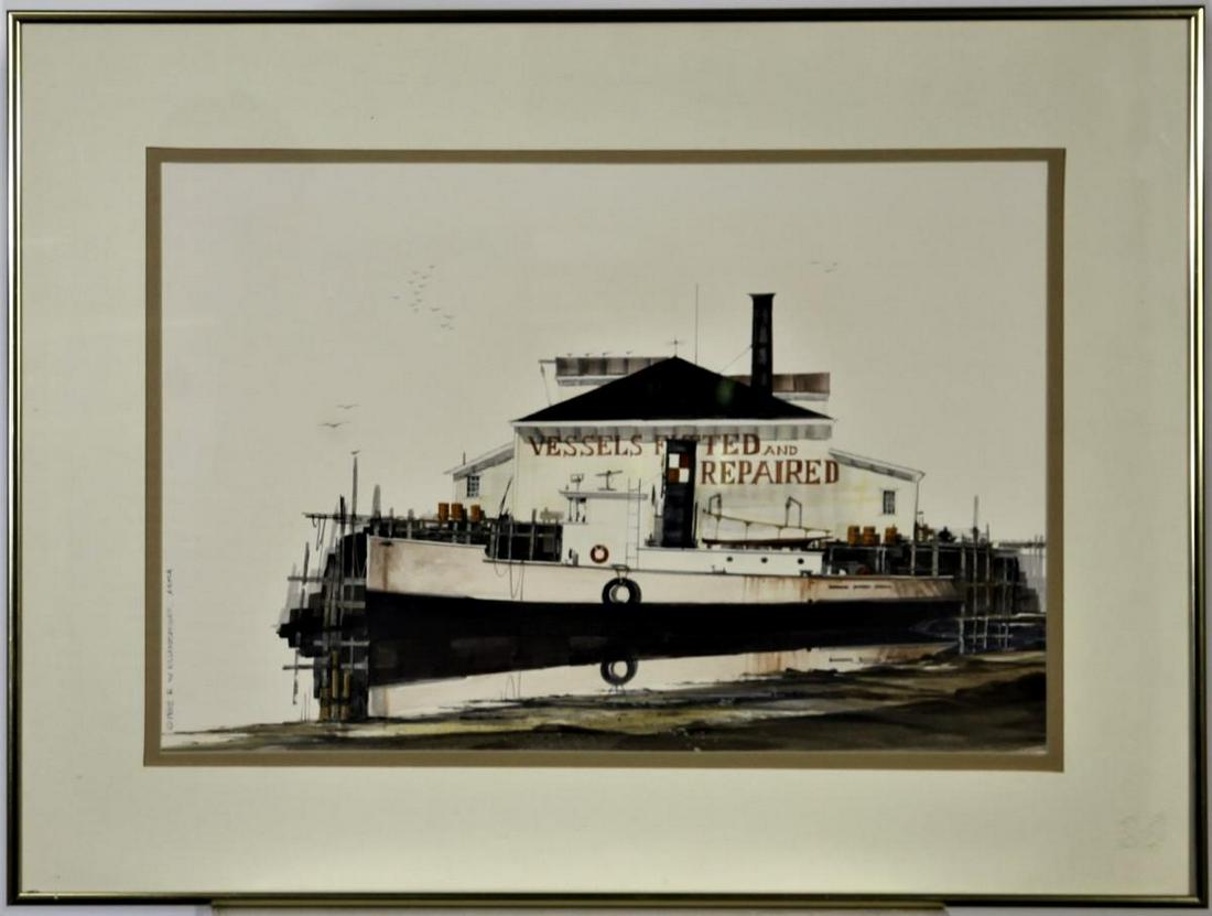 Roger W. Ellenberger (b. 1943) American, Watercolor: This marine painting is entitled "Salvage Yard" and is signed and dated 1982 in the lower left. Ellenberger is an American Postwar and contemporary artist who was born in Erie, Pennsylvania and moved 