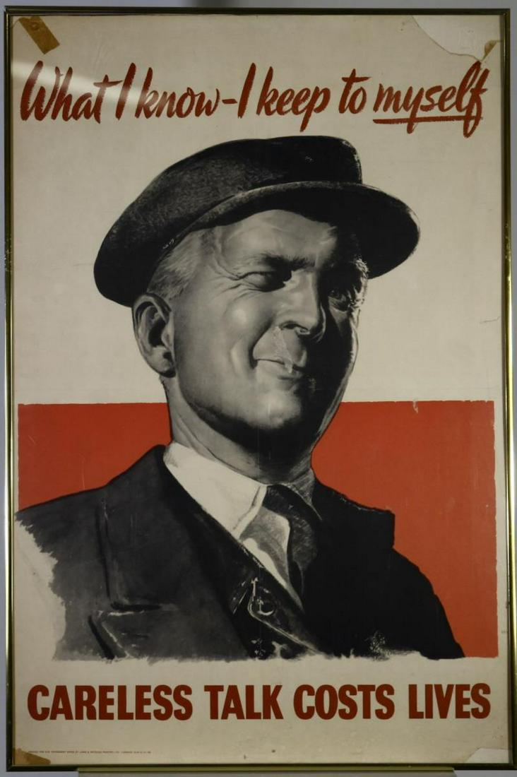 Original World War II Poster, Careless Talk: This is an original World War II poster from Britain designed to keep British servicemen and citizens from talking about things that would give away military secrets to the enemy during the war. It re