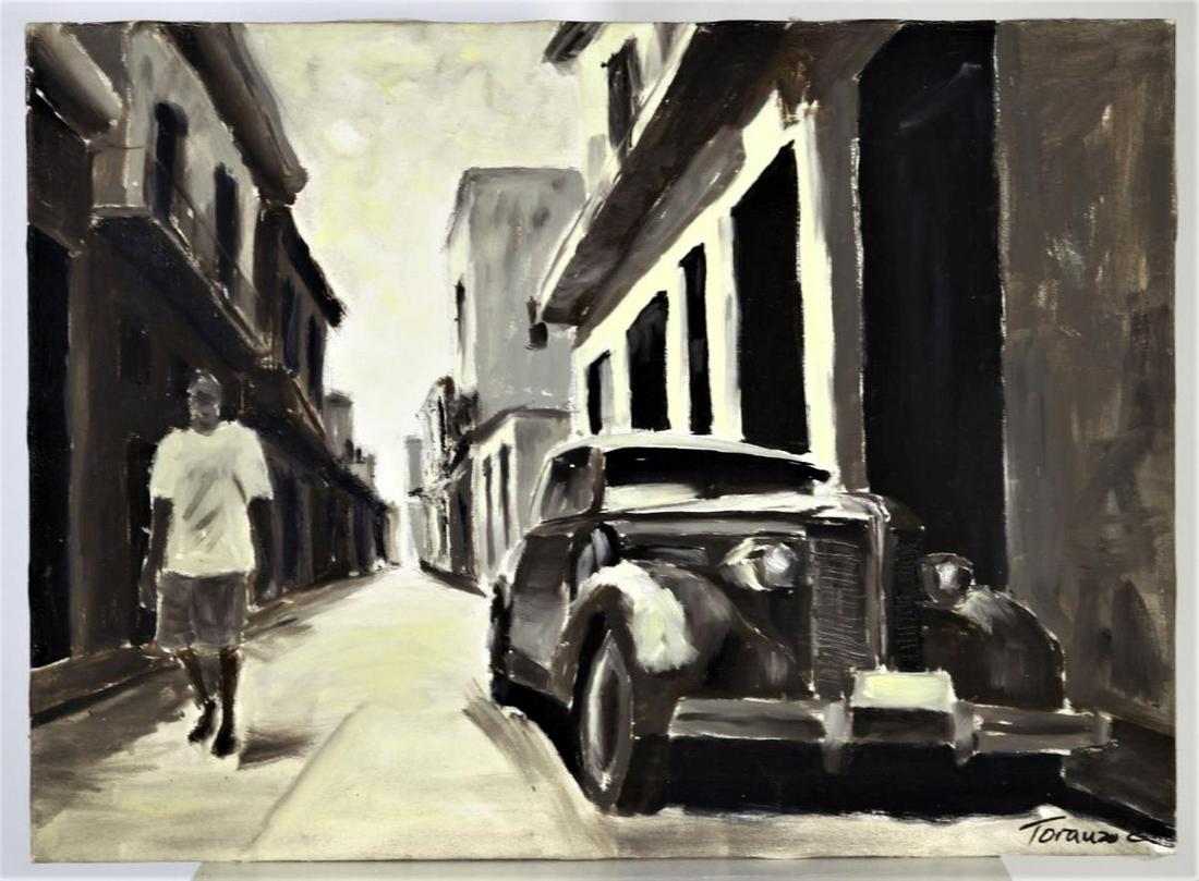 Carlos Tourazo, Cuban, O/C: Signed lower right. 15 1/2 x 21 in. Street scene