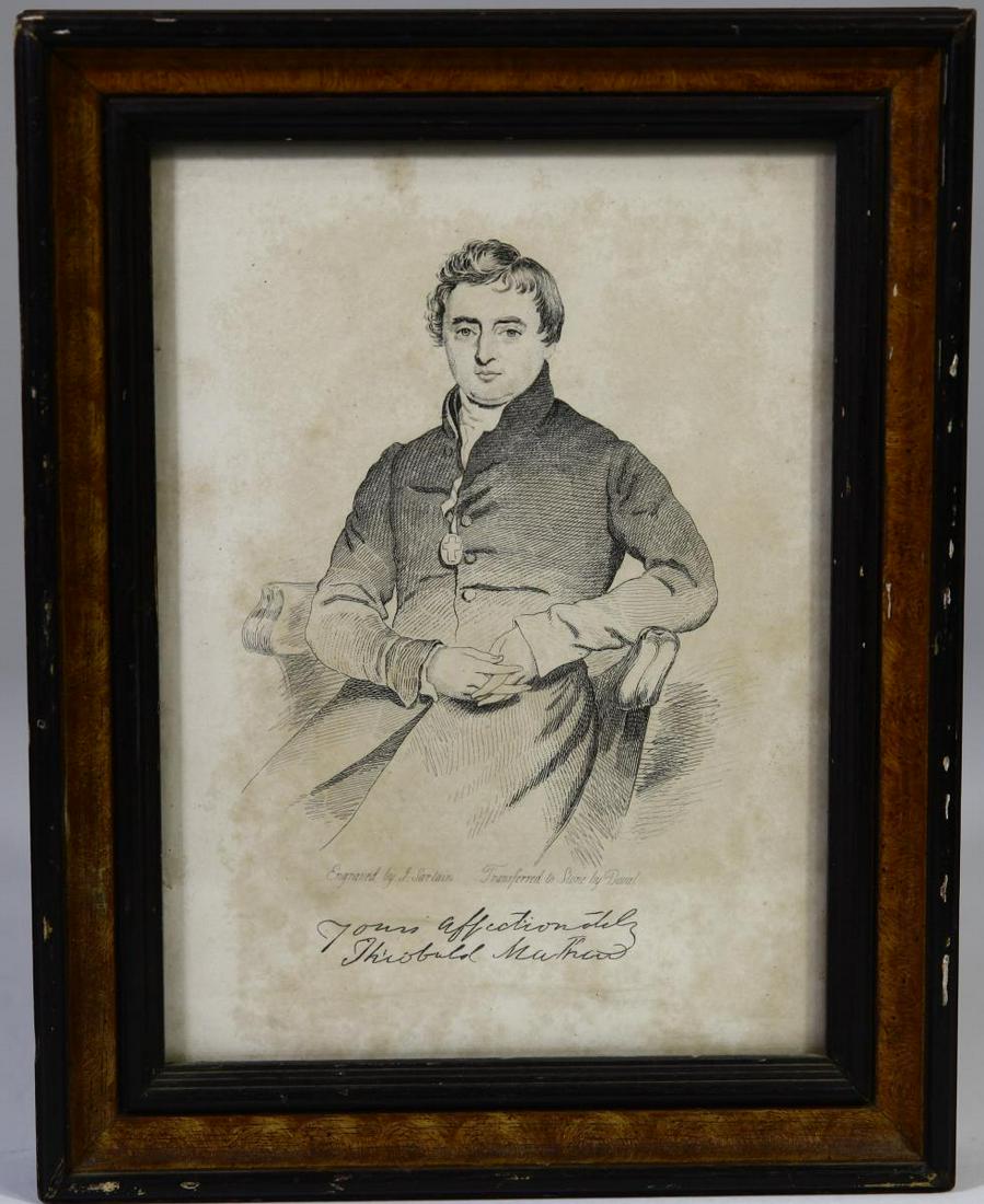 John Sartain (1809-1879) Theobald Mathew Engraving: Portrait of “The Apostle of Temperance”: Father Theobald Mathew, O.F.M. Cap. (1790-1856) signed underneath: " Yours Affectionatly Theobald Mathew" Size: 9.5 x 7.5 John Sartain was a printmaker, mi