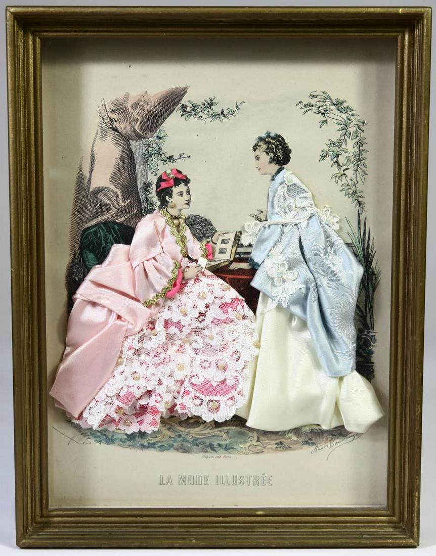 Adele Anais Toudoze(1822-1899) 1872 Colored Litho: Fashion Plate La Mode Illustrée Printed in1872 by Gilquin Paris Embesseled with fabric Size:12 x 10 in shadow box/frame