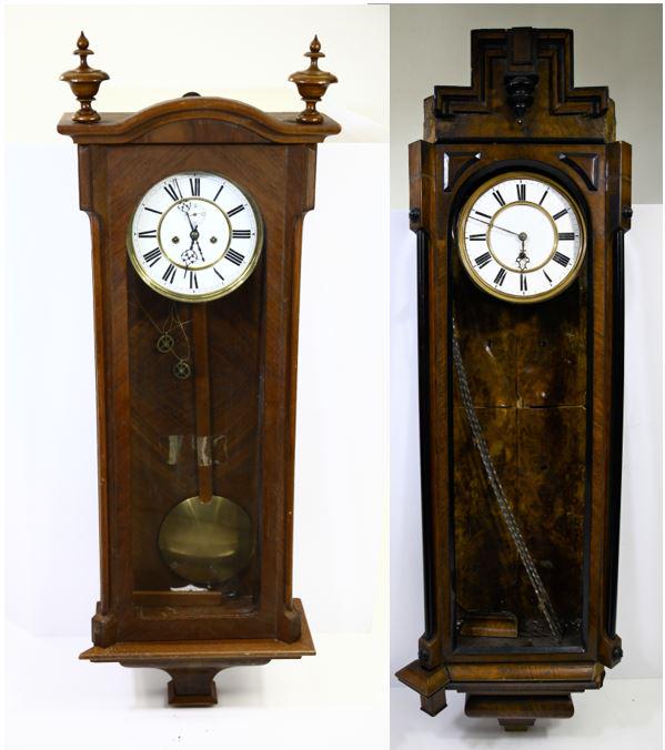 Two Tall Wall Clocks for Casings, Clockfaces: These two wall clocks are suitable for restoration or repair. One clock has Roman numerals, two key holes, a small clock dial in Arabic numerals for counting seconds, and a large brass pendulum. It st