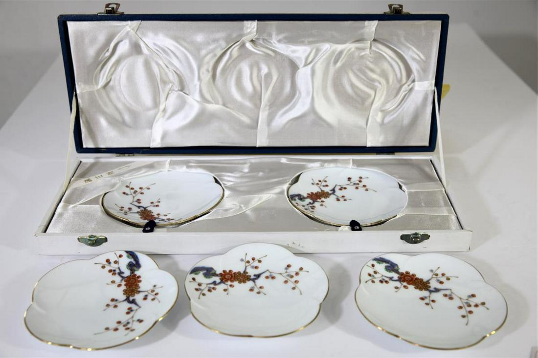 5 Pc. Japanese Porcelain Saucer Set: Case: about 16 x 6 in. Saucer size: about 5 in. diameter each