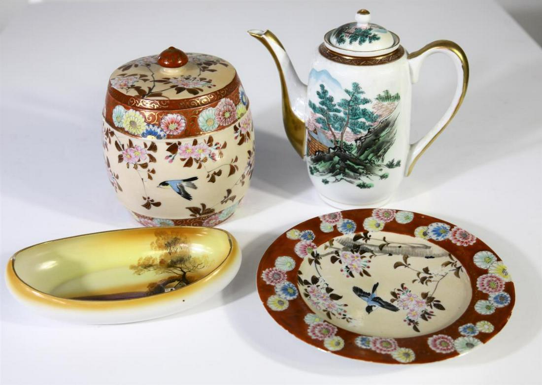 (4) Japanese Assorted Porcelain Pcs.: Noritake Hand Painted Dish / Size: 1 H x 7 W Signed Dish / Size: 8" in diameter Signed Ginger Jar / Size: 6.5 H x 5 W Signed Tea Pot / Size: 8 H x 8 W