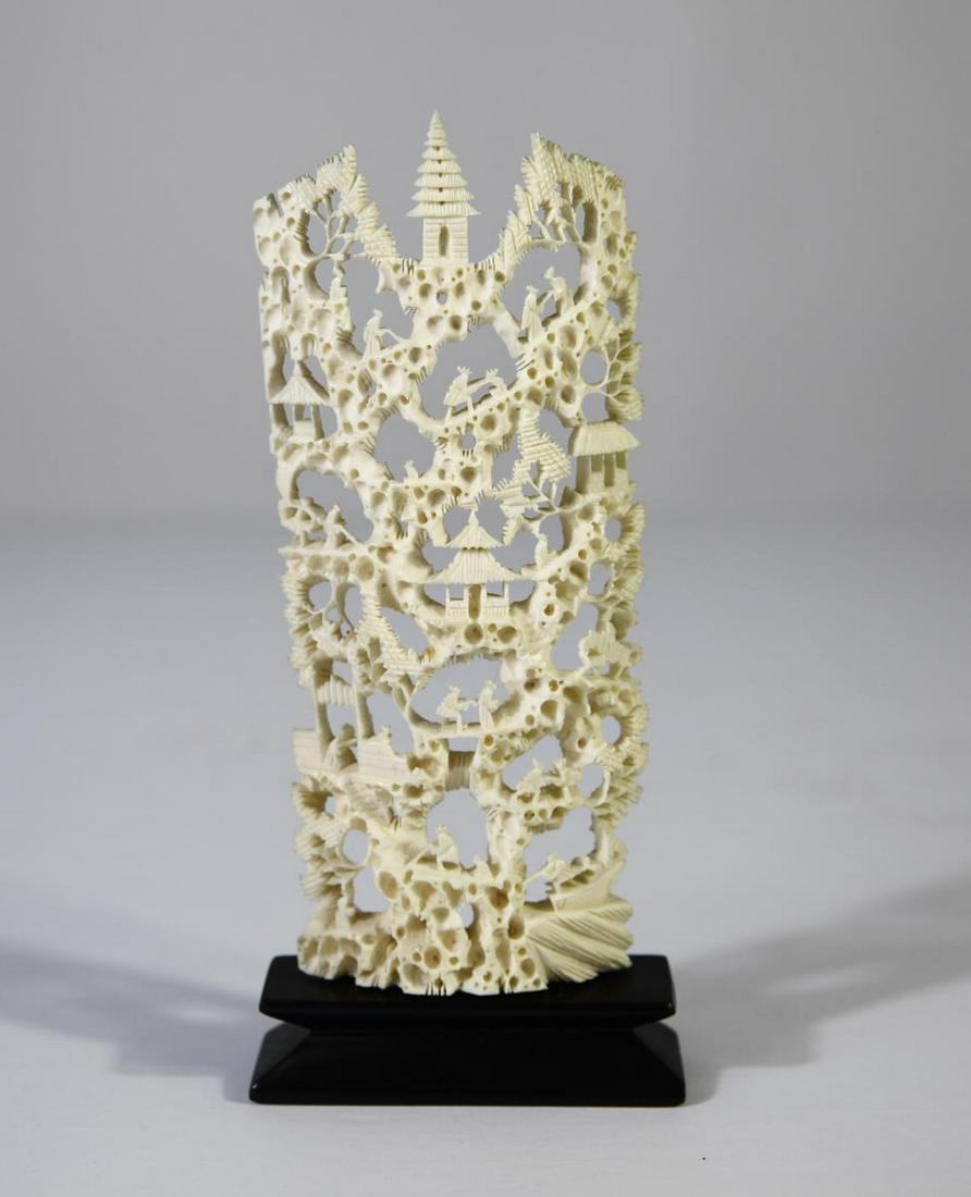 Intricately Carved Chinese Bone Village Scene: Size: 9 H x 4 W