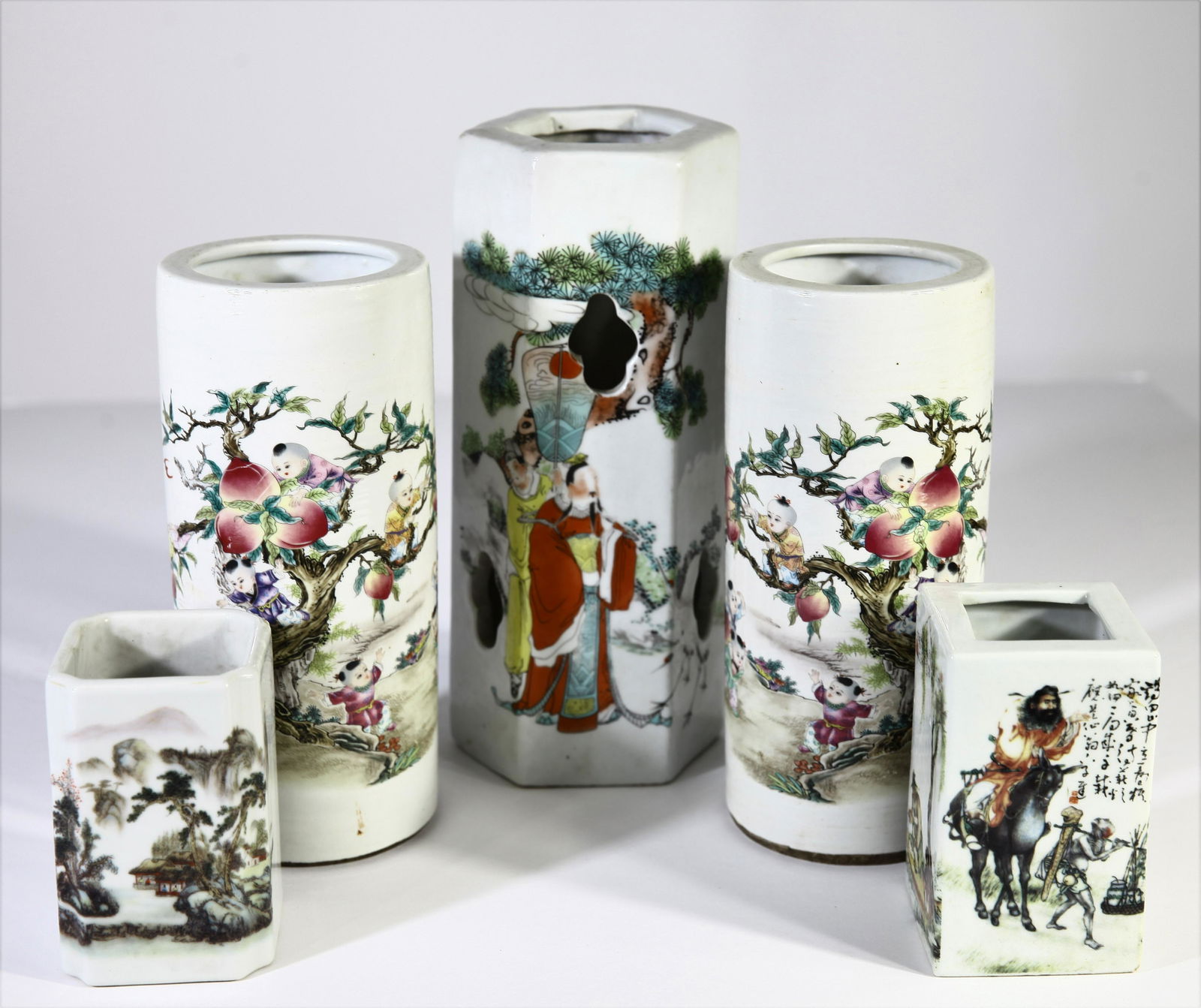 (5) Chinese Hand Painted Porcelain Brush Pots: Hexagon: 11 in. H 2 Circle: 9 1/4 in. H 2 Square: 5 in. H