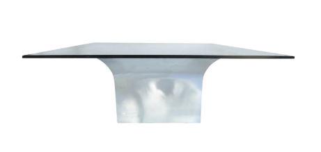 J Robert Scott Sculpture Dining Table: Shaped Pedestal Base of polished Stainless Steel. One inch thick Onset Glass Top with 45 degree bevel. J. Robert Scott, Inc. the luxury home furnishings manufacturer was founded in 1972 in Los Angeles