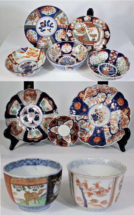 Antique Japanese Imari Porcelain Group: Authentic. Sizes vary. The largest is 12 in. diameter, while the smallest is 3 1/2 in. diameter.