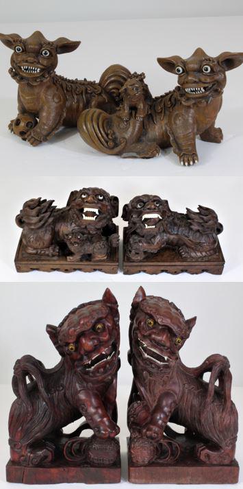 3 Pairs of Terracotta & Wooden Foo Dogs: Sizes: Pair pictured on top: 5 1/4 in. H x 7 in. W x 4 1/2 in. D Pair pictured in the middle is terracotta and as is: 7 1/4 in. H x 8 3/4 in. W x 4 5/8 in. D Pair pictured on the bottom: 11 1/2 in. H 