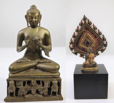 (2) Gilt Chinese/Tibetan Buddha Figures: 14 1/2 x 8 1/2 in. and 12 1/2 x 5 in. Bronze Chinese Gilt Seated Buddha and Buddha Figure on base.