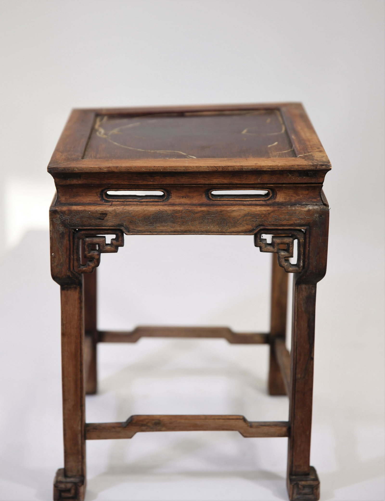 Chinese Carved Wooden Stool: 9 1/2 x 9 1/2 x 12 in.
