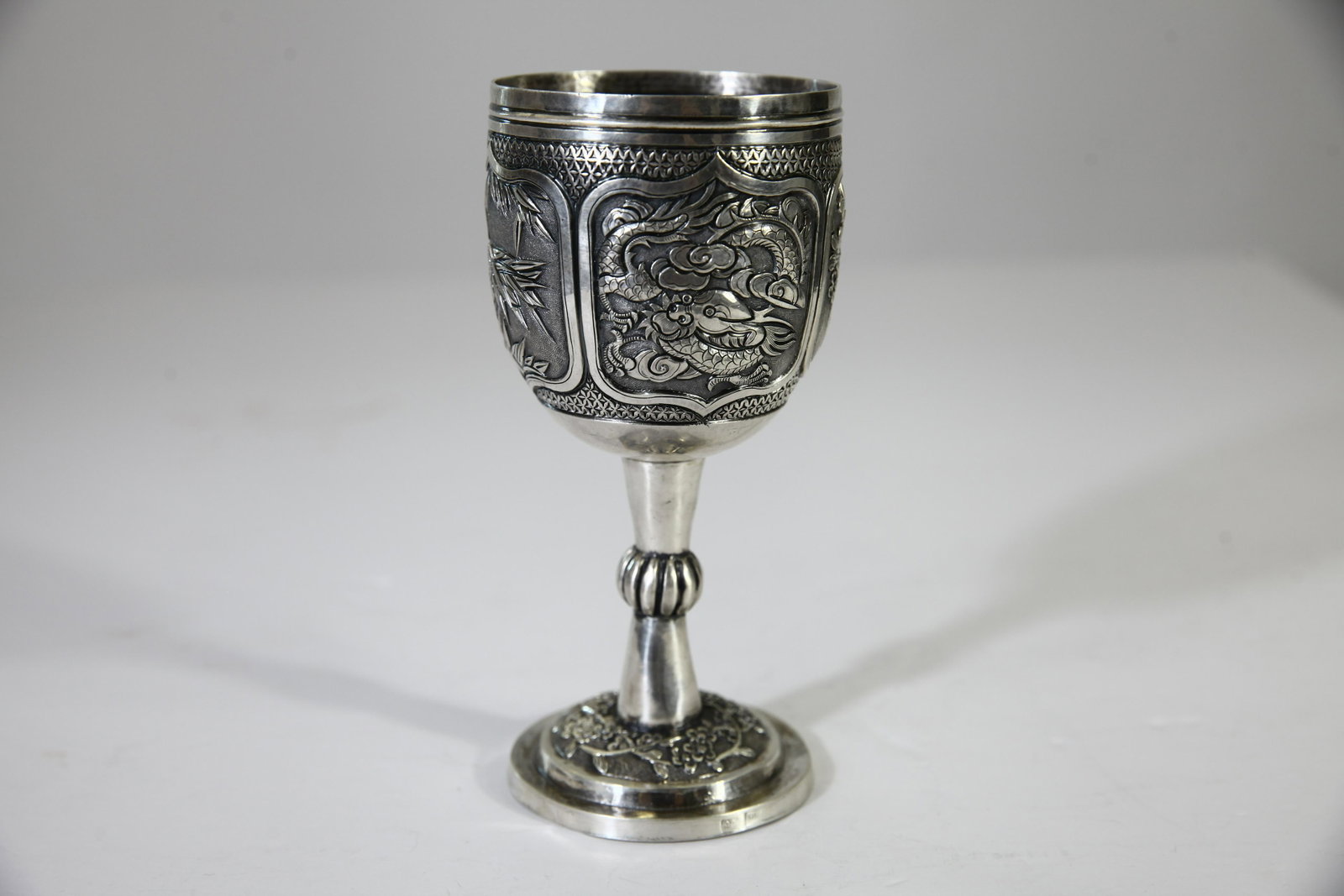 Early 1900: Early 1900's Chinese Repousse Silver Goblet Size: 6 3/4 x 3
