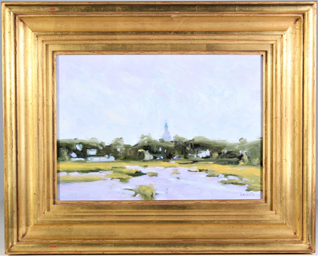 Michael Davis (1945 - ) American, O/C Landscape: This oil on canvas by Michael Davis is entitled "Rainy Day, Well Fleet", Mass. Davis is known for landscape paintings, especially around the Cape Cod area. The painting is signed in the lower right an