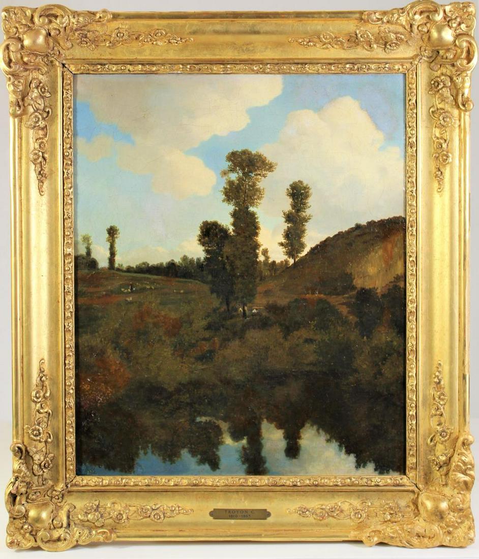 Constant Troyon (1810-1865) French, O/C: This is an oil on canvas landscape by Constant Troyon, a French painter associated with the Barbizon School. He started off as a porcelain painter and ended up doing landscapes which depicted animals.