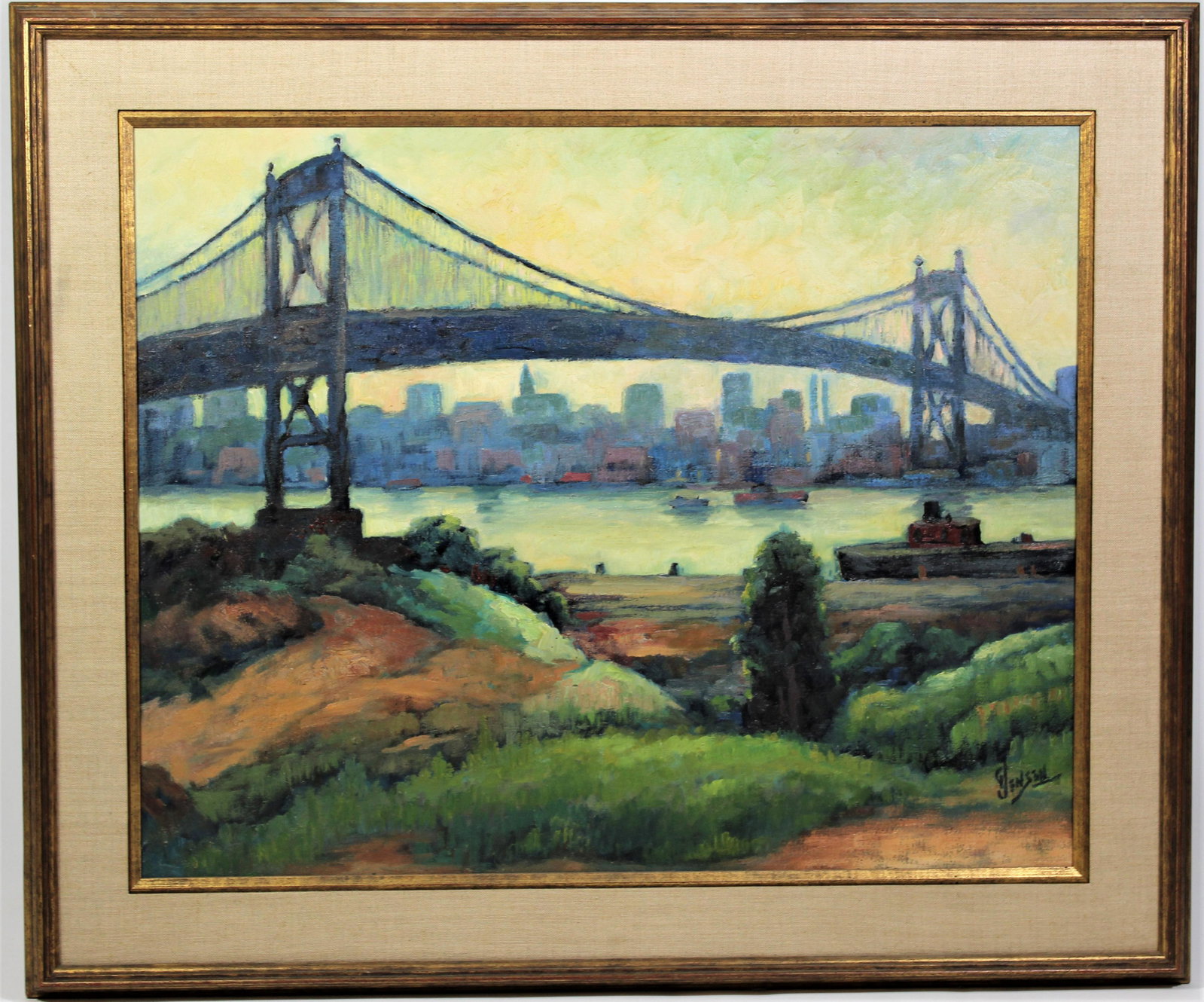 George Jensen (Ohio 1878-1977) American, O/P: This is an oil on panel by George Jensen, an artist from Ohio. It depicts the Anthony Wayne Bridge, commonly called the High Level Bridge, in downtown Toledo. The bridge is an Ohio landmark. The paint
