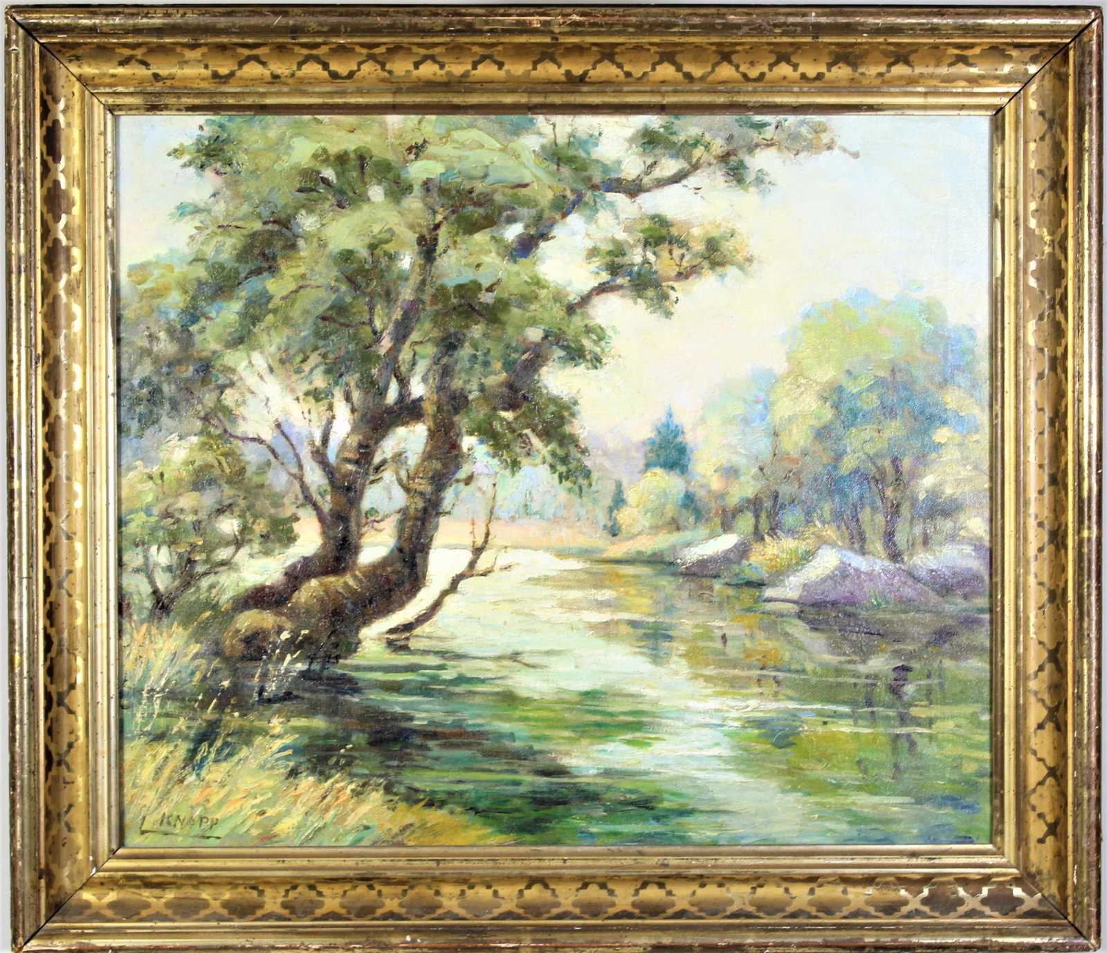 L. Knapp, O/C River Landscape: This is a river landscape by L Knapp, who might be Leon Knapp (1902 - 1970), an artist born in Russia who emigrated to the US and was a WPA artist during the Depression. It is signed in the lower left