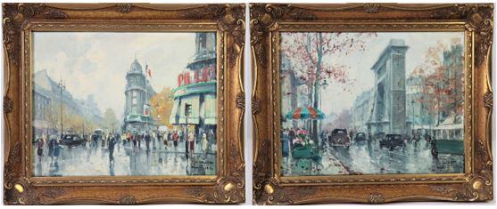 (2) Jean Salabet (1900 - ) French, O/C 1954: These are two oil-on-canvas paintings by Jean Salabet, a French artist best known for his colorful cityscapes of Paris. His works have been compared to those by Jules Herve, Antoine Blanchard, and Edo