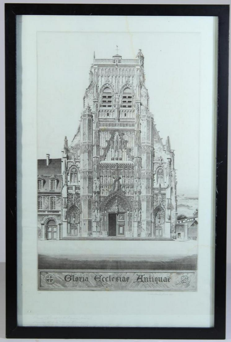 John Taylor Arms (1887 - 1953) American, Etching: This is a beautiful etching of a church by John Taylor Arms, done in 1937. Arms studied architecture at MIT in Boston, served in the Navy, then devoted himself to etching. His initial subject was the