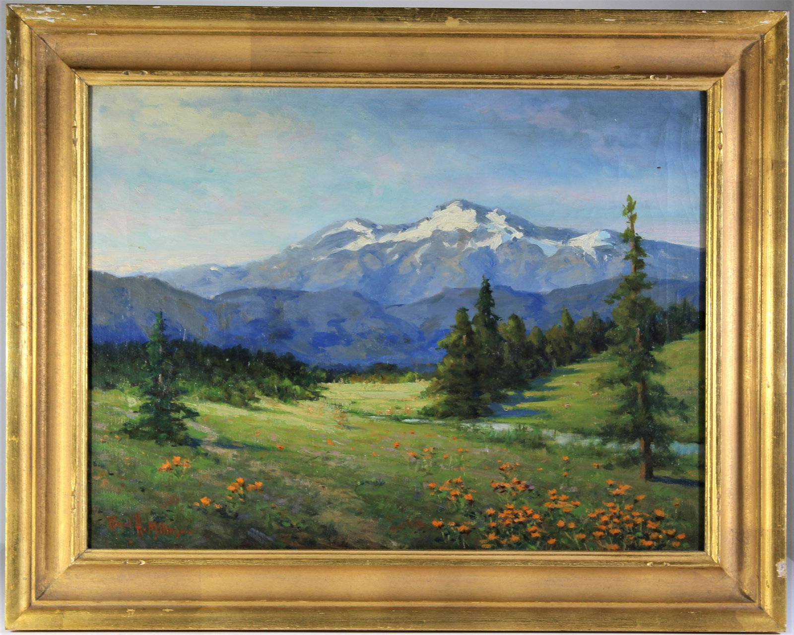 Royal Milleson (1849 - 1926) American, O/C: This is a Western landscape by Royal H. Milleson, a landscape painter and illustrator who was born in Ohio and lived in Indianapolis, Boston, and Chicago. The painting was done near Salem, Oregon, acc