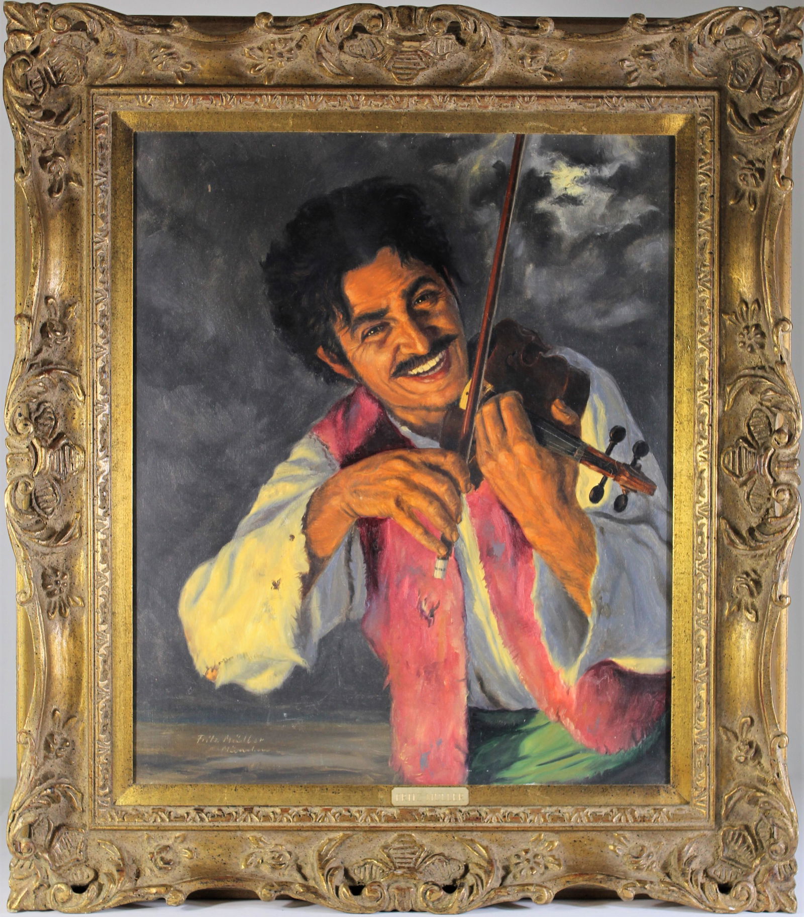 Fritz Muller (1897 - ) German, O/C: This is an oil on canvas by Fritz Muller, a German artist who was known for his Bavarian-style portraits. The painting here features a large portrait of a smiling gypsy and is signed in the lower left
