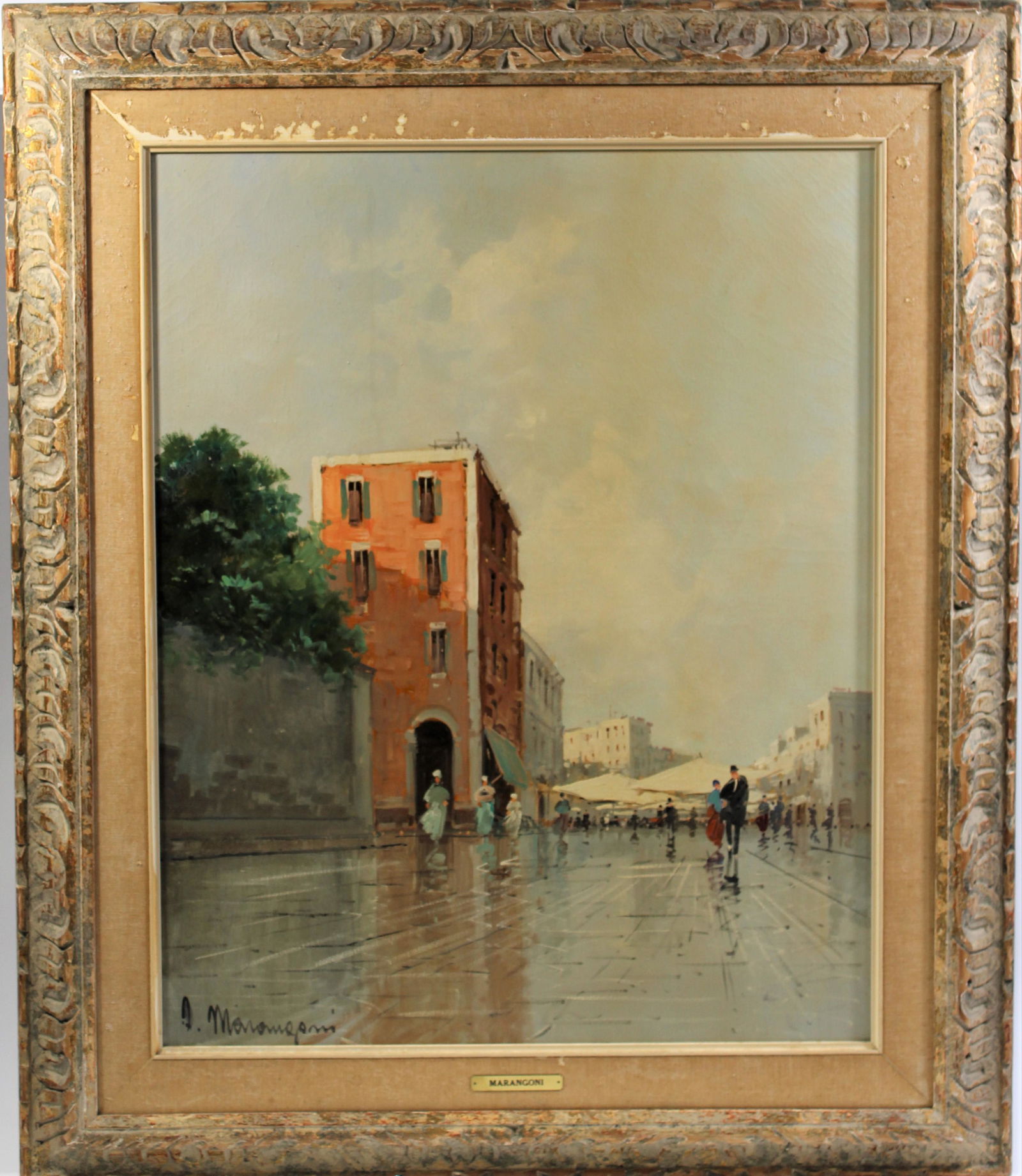 Aldo Marangoni (20th C.) Italy, O/C: This is an oil on canvas by Aldo Marangoni, an Italian artist who painted street scapes of Italy and canal scenes of Venice. It is signed in the lower left. The overall size is 39 x 33 in. wide and th