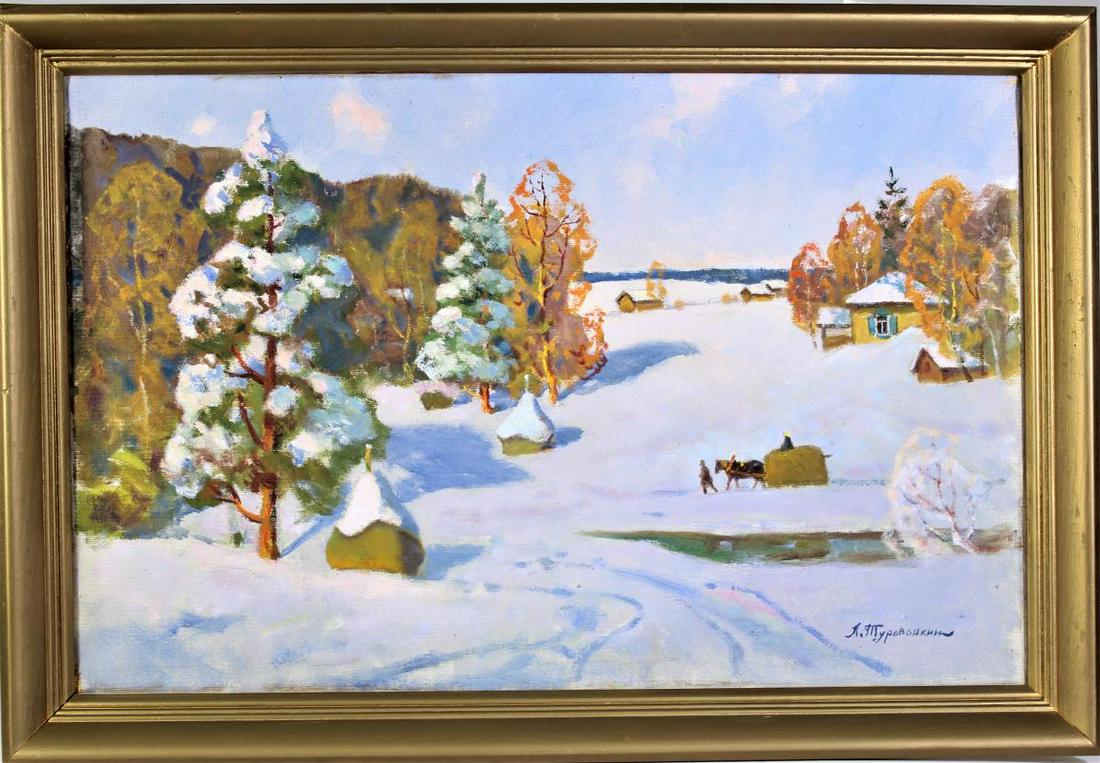 Leonid Turovetsky (1920 - 2006) Russia, O/C: This is a winter landscape by Leonid Markovich, Turovetsk, a Russian artist who lived in Kiev. The landscape features a horse drawing a hay wagon across the snow, and it is signed in the lower right a