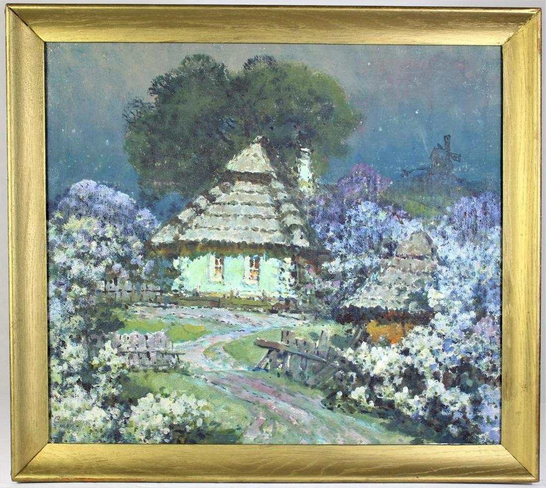 Vladimir Sidoruk (1925 - NA) Ukraine, O/C: This is an oil painting of a Ukrainian home by Vladimir Sidoruk, who served in World War II and was an artist on the front lines. He became a stage and graphic designer and was named emeritus artist o