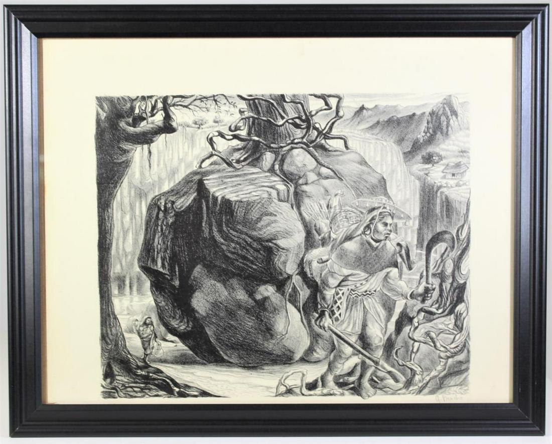 Angel Bracho (1911-2005) Mexican, Lithograph: This is a lithograph depicting a ritual of the Huletoc India tribe by Angel Bracho, a Mexican engraver and painter who is best known for political themes and murals. He worked with Diego Rivera, and h