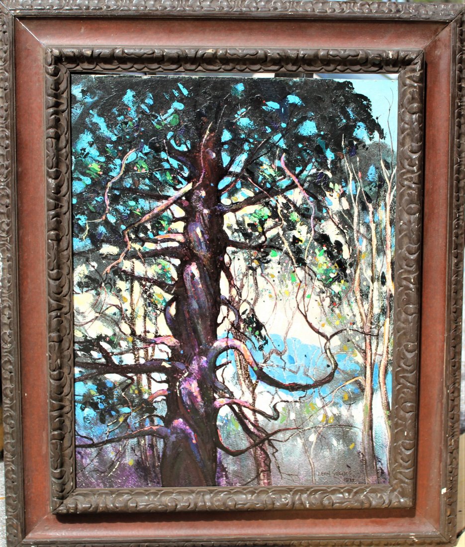 William Leon Stacks (1928 - 1991) American, O/B: This is an oil on board by William Leon Stacks entitled "Old Friend". It depicts a tree, a theme found in other Stacks paintings. It is signed in the lower right and inscribed "Lee Please coat the oth