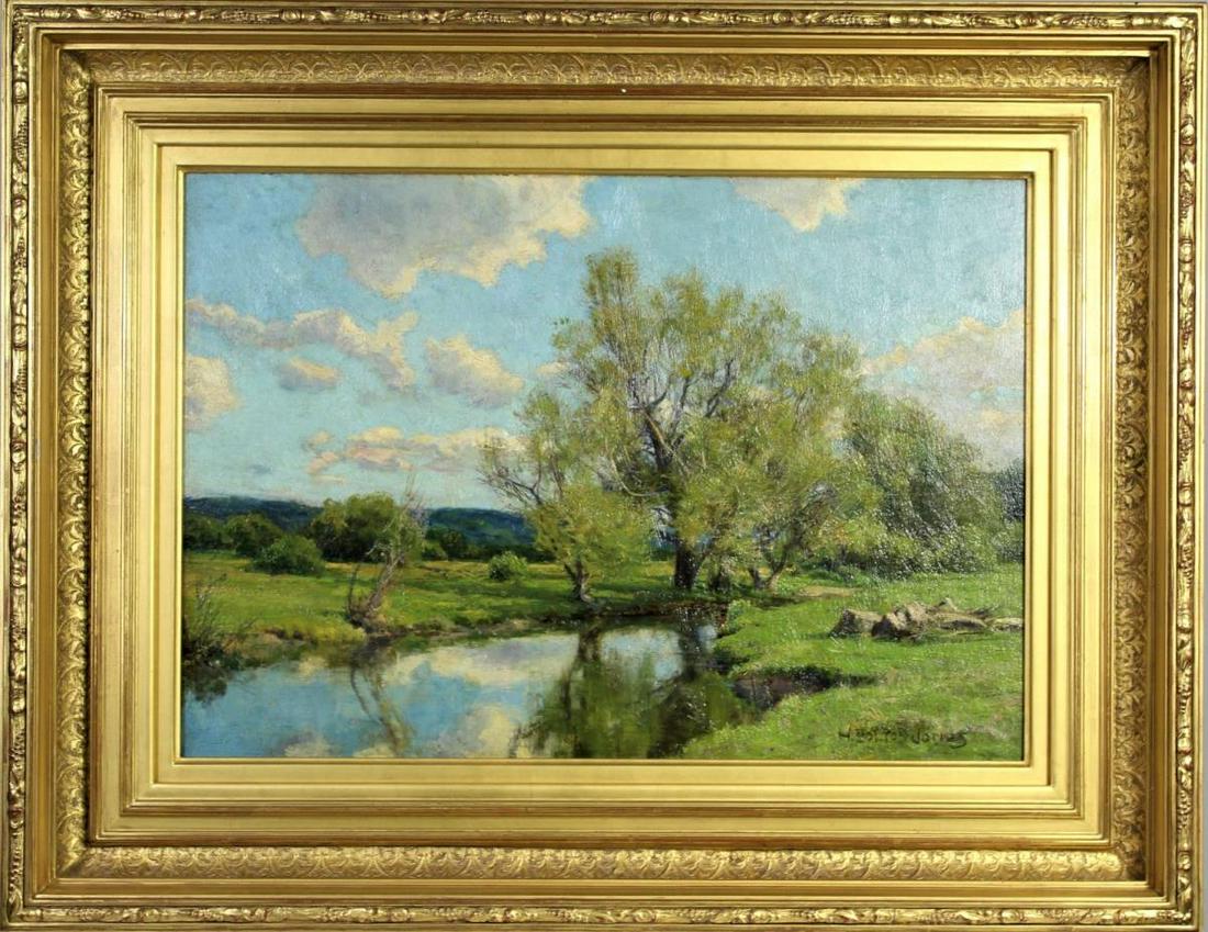 Hugh Bolton Jones (American 1848-1927) O/C: This oil on canvas was done by Hugh Bolton Jones, a noted American landscape artist who was born in Baltimore. He was influenced by the Hudson River School, and In the 1860's and 70's, he painted many