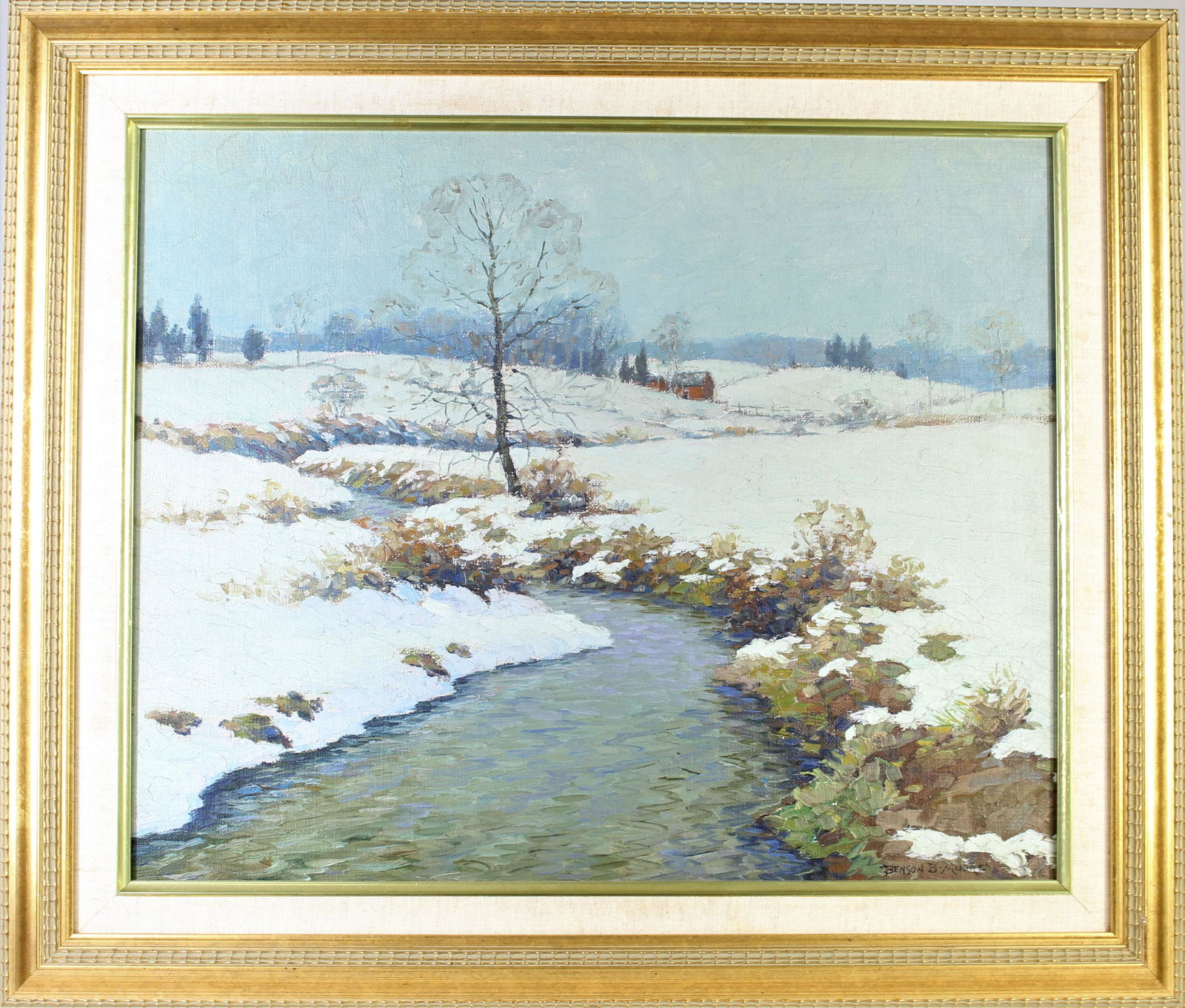 Benson Bond Moore (1882-1974) Amer, Oil on Board: This oil painting on board is titled, "Winter on the Northwest Branch of the Anacostia (near Riggs Road)". Benson Bond Moore, landscape and animal-portrait painter, and etcher, was born in Washington