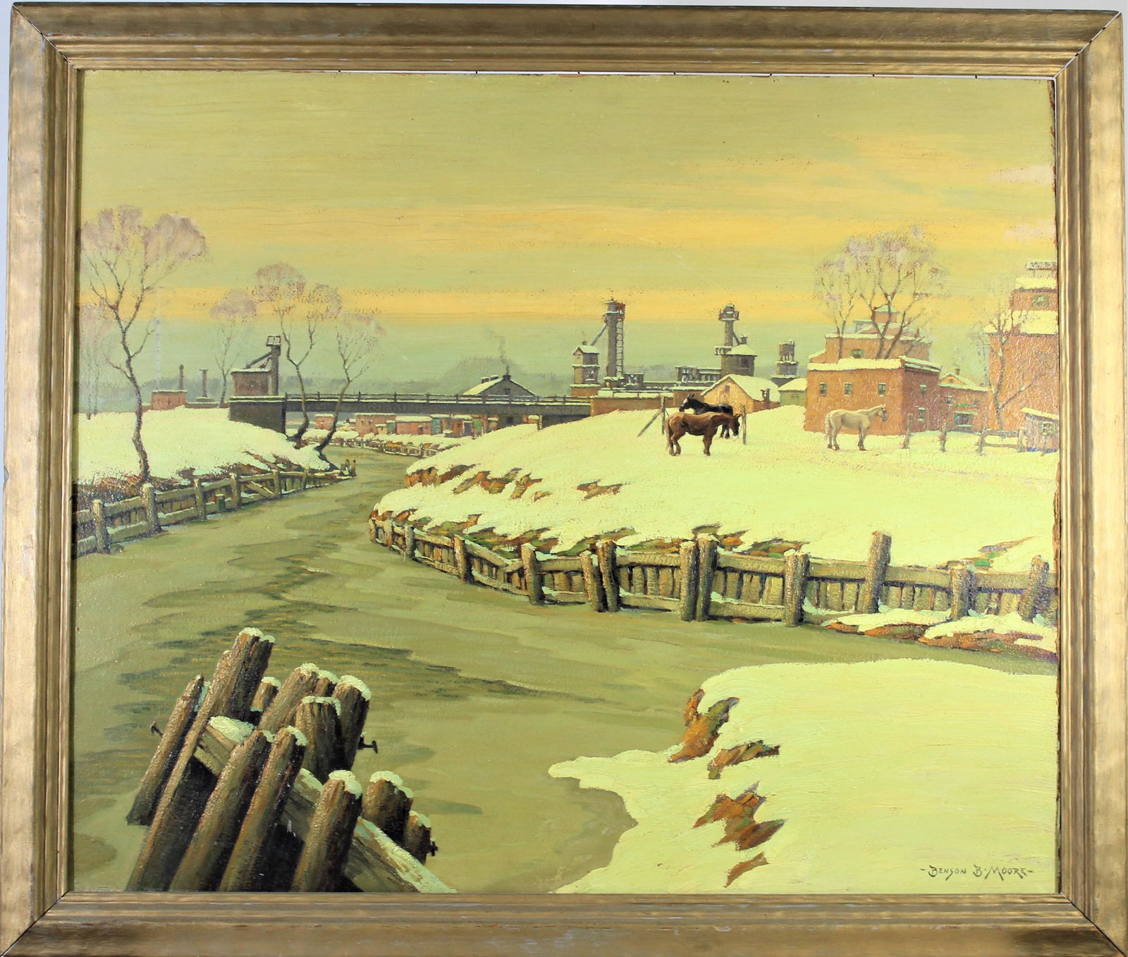 Benson Bond Moore (1882-1974) Amer, Oil: This oil painting on board is titled, "Canal in Winter, Georgetown, D.C." Benson Bond Moore, landscape and animal-portrait painter, and etcher, was born in Washington DC and lived there for seventy ye