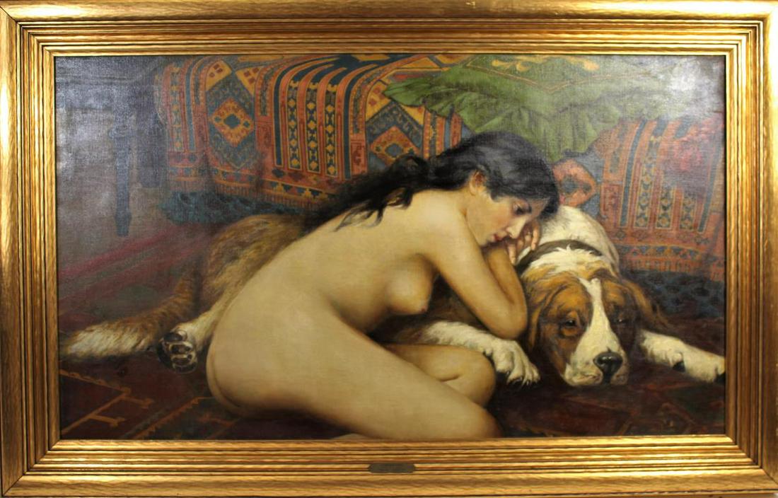 Frank Enders (1860-1921) American, O/C: Titled: "Companions" on plaque and in pencil on the back. A monumental oil on canvas by an important early Milwaukee painter and etcher in the Munich realist style, Frank Enders studied at the Munich