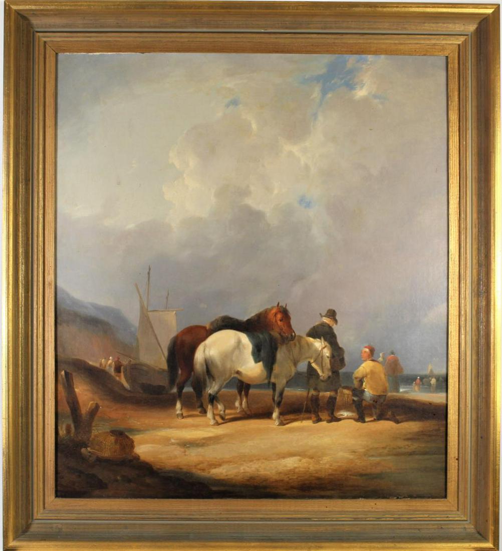 Attrib. to William Shayer I (Eng. 1787-1879) O/C: Coastal scene with horses and figures. William Shayer, Senior was born at Southampton and after spells at Guildford and Chichester had settled permanently in his native city by 1820. He is principally