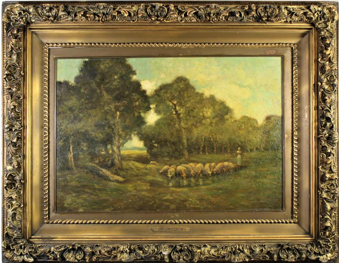 Charles Emile Jacque (French 1813-1894) O/C: Pastoral scene with flock of sheep drinking from a pond. Charles Jacque was among the first generation of painters to leave the city for the forest of Fontainebleau, where helped to establish the Barb