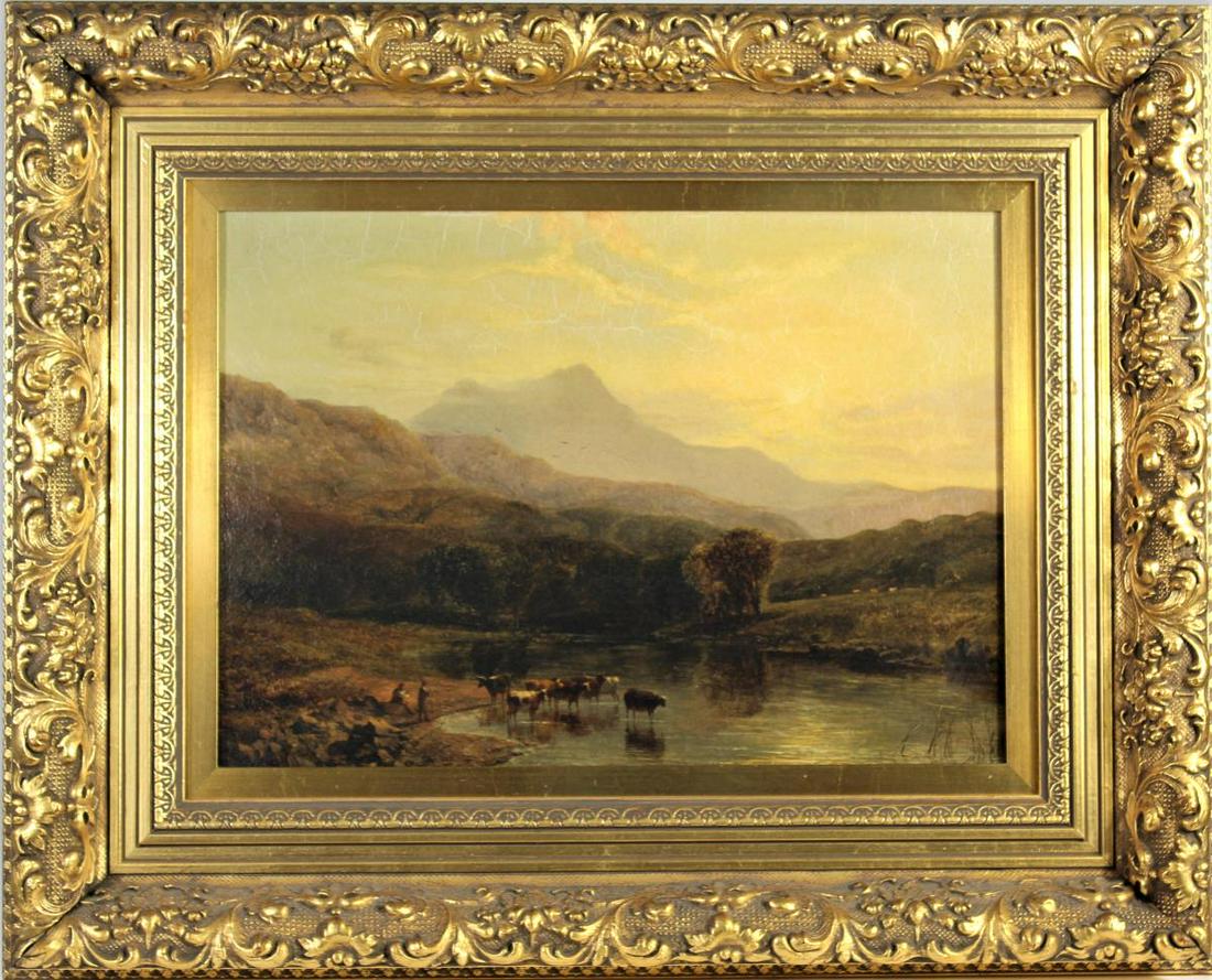 George Shalders (British 1826-1873) O/C: Vista landscape painting with cattle wading in a stream. George Shalders was born in Portsmouth, England. In 1848 he began to exhibit at the Royal Academy in London. He specialized in painting landsca