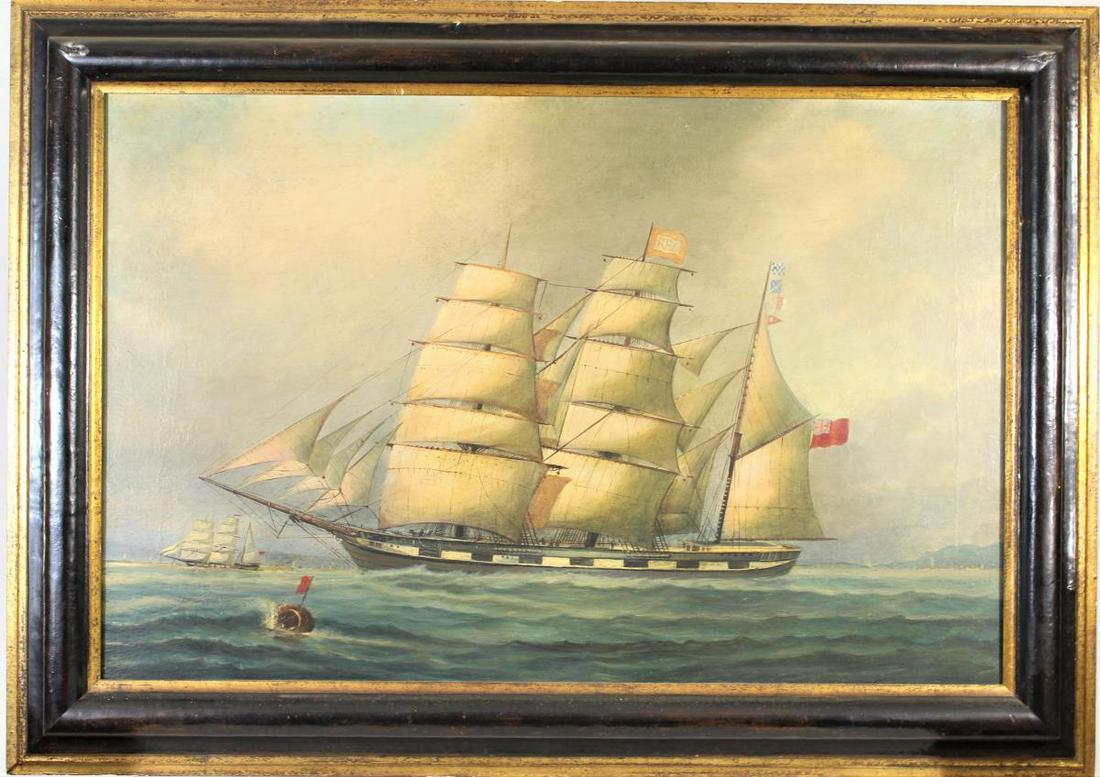 Portrait of a Ship (19th Century) O/C: This painting depicts a barque under full sail, flying the house flag of the R&P Co. Overall size: 25 x 35 in Sight size: 18 1/2 x 28 1/2 in