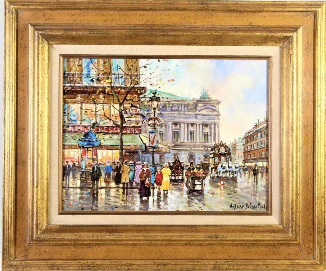 Attrib. Antoine Blanchard (1910-1988) French O/C: Oil painting of a Paris Street Scene after the rain, attributed to Antoine Blanchard, who was a prolific and successful Neo-Impressionist painter who specialized in nostalgic scenes of Fin de Siècle 