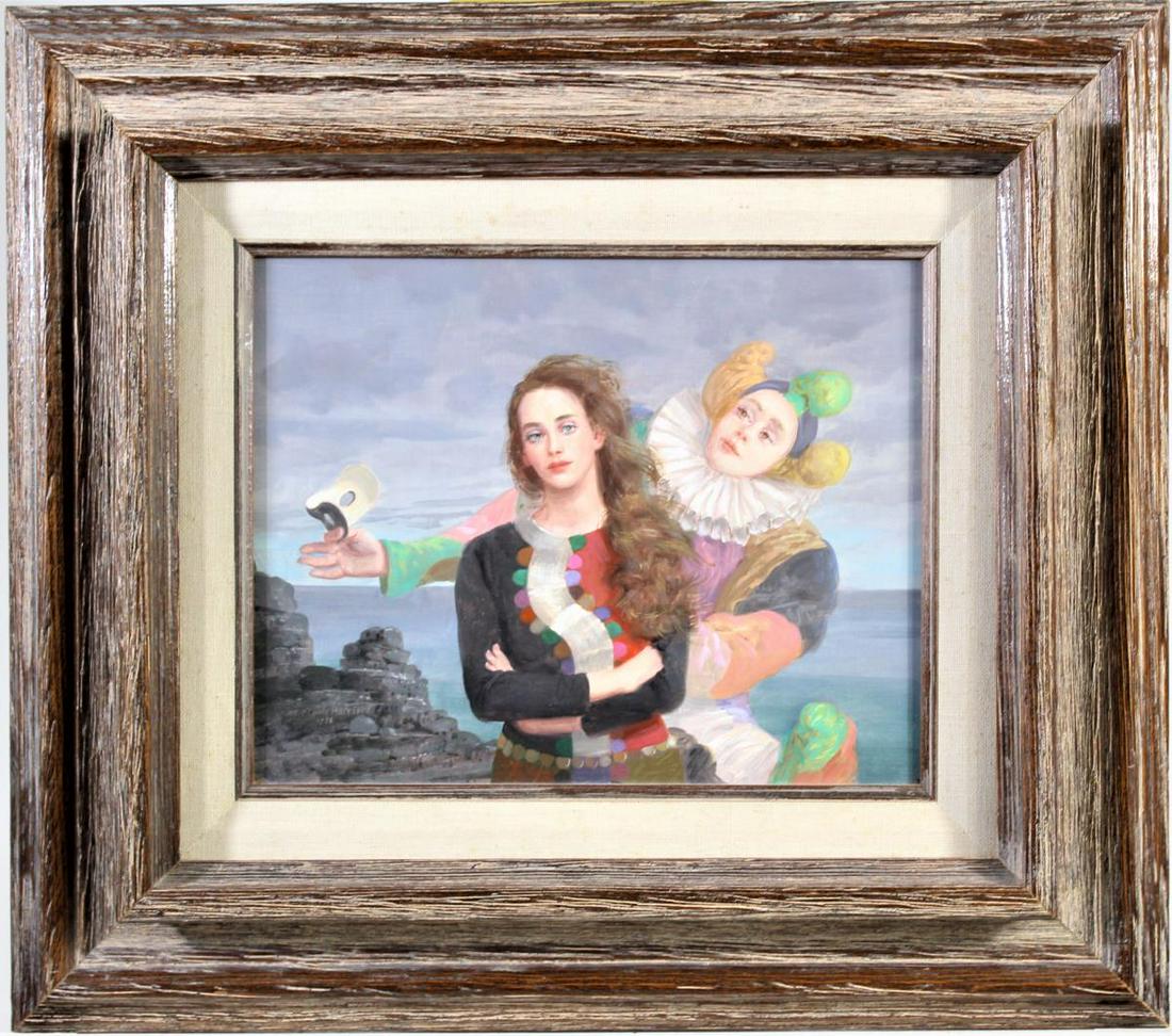 Claude W. Harrison (1922-2009) United Kingdom: This oil on masonite painting is titled, "Unmasked". Claude William Harrison was a painter of murals, conversation pieces and imaginative groups of harlequins and masked figures with tempera a preferr
