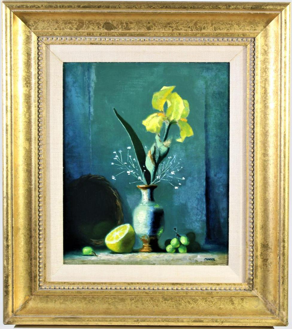 Ernest Baber (Born 1949) American, Oil on Canvas: This oil painting on canvas is of a still life of a yellow iris. Each painting by Ernest Baber is intended to be a rich collection of colors, textures and surfaces. His work is highly realistic and fo