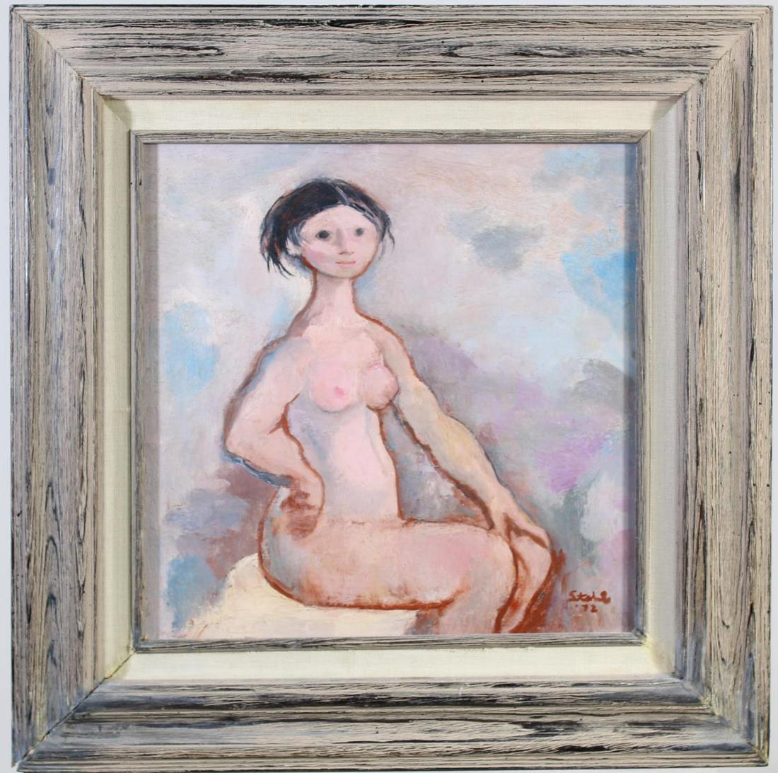 Ben Stahl (20th C.) American, Oil on Board: This oil painting on board is titled, "What Are You Waiting For", and depicts a young, female nude in a seated pose with her hand on her hip. Benjamin Albert Stahl was a painter and illustrator, born 