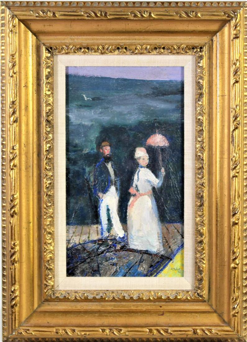 Ben Stahl (20th C.) American, Oil on Board: Titled "Riviera", this oil on board depicts an elegant couple enjoying the view along the Riveria. Benjamin Albert Stahl was a painter and illustrator, born in Chicago, lived in Connecticut in the1940