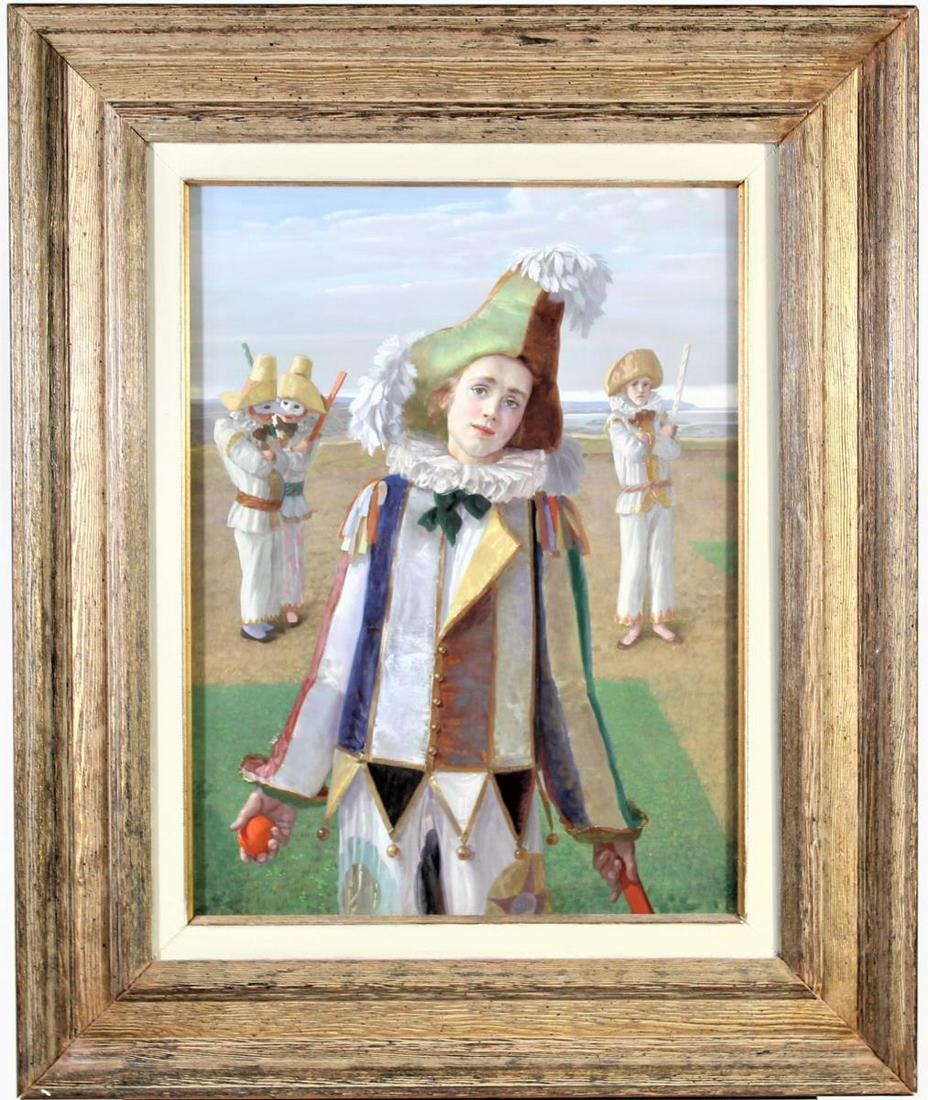 Claude William Harrison (England,1922-2009): Medium: Oil on Board. Titled verso "Comic Batsman" and dated 1983 Provenance -The Galleries of Frank Oehlschlaeger, Sarasota, FL. Overall size: 23 x 19 in. Sight size: 15 1/2 x 11 3/4 in.