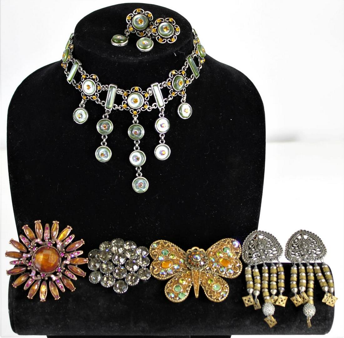 Gem Jewelry: Choker, (3) Brooches, & (2) Earrings: Choker: 14 in. Brooches: around 2 in. This lot is made up a choker necklace and matching earrings, a set of three gem brooches, and a pair of long ladies earrings. Beautiful vibrant colors and unique 