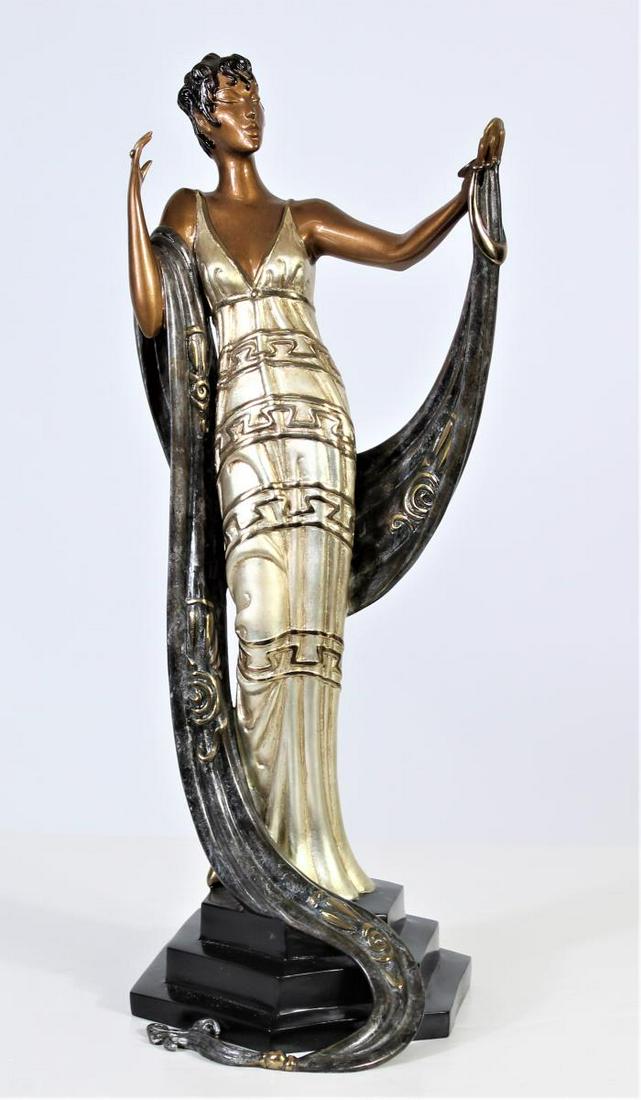 Erte (1892-1990) Bronze Sculpture, "La Coquette": Size: 18x8in. "La Coquette" 1986 sculpture by Erte aka Romain De Tirtoff (1892-1990 Russia). Crafted out of cast bronze with hand applied patination and embellishments. Depicts a beautiful Art Deco La